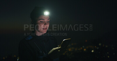 Buy stock photo Headlamp, hiking and phone with woman at night to search for directions to destination or location. App, map and navigation with hiker outdoor for adventure, journey or travel coordinates in dark