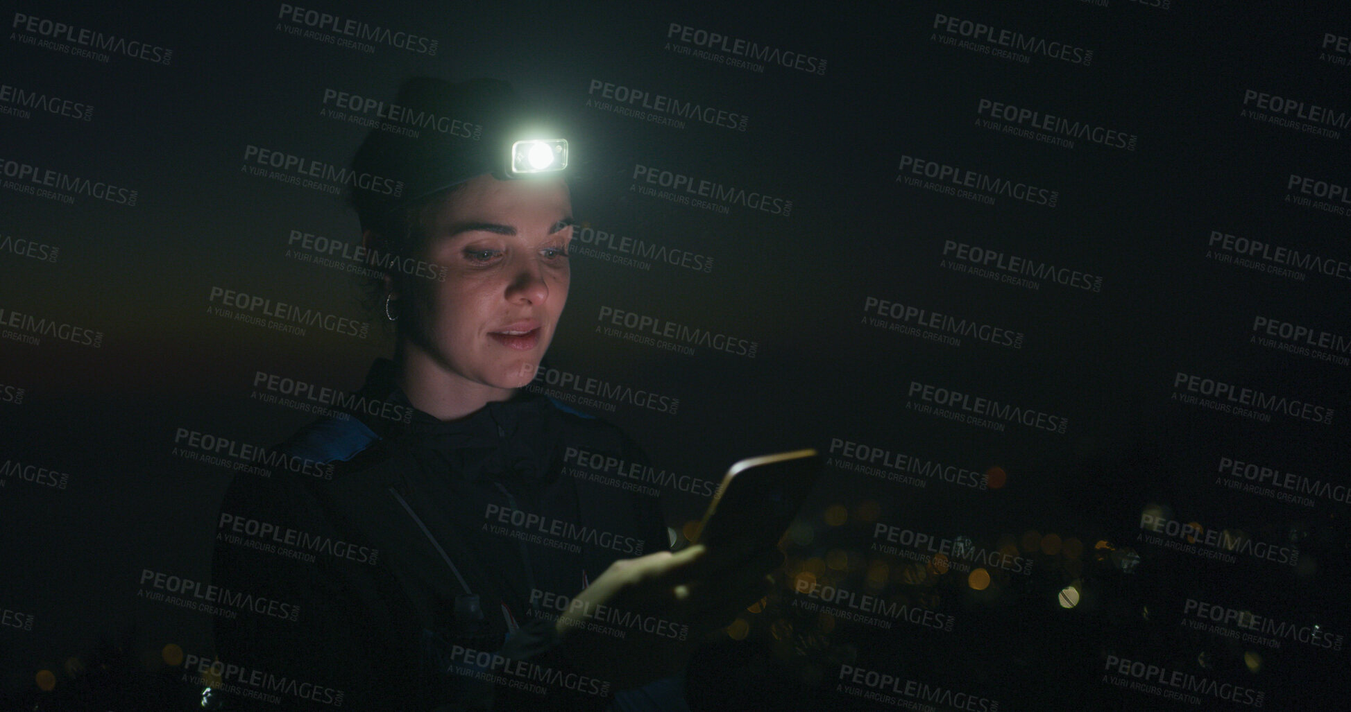 Buy stock photo Headlamp, hiking and phone with woman at night to search for directions to destination or location. App, map and navigation with hiker outdoor for adventure, journey or travel coordinates in dark