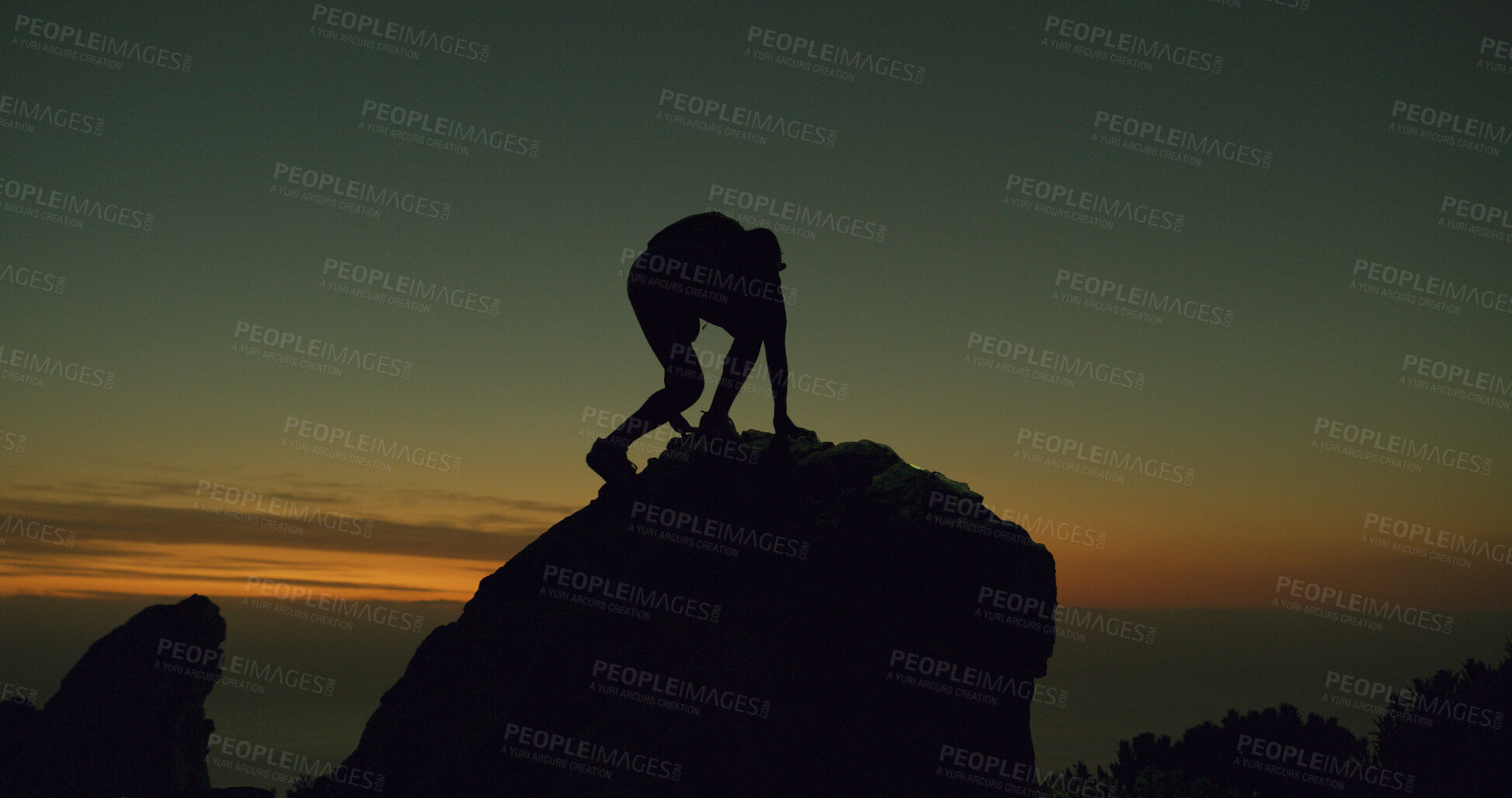 Buy stock photo Mountain climbing, silhouette and sunset with hiker at summit for adventure or journey. Fitness, sky space and travel with person outdoor on peak in nature for exercise, evening hobby or health