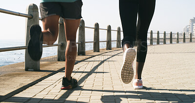 Buy stock photo Ocean, team and running for fitness, legs or practice for marathon, health or routine with footwear. Athlete, feet and people with sneakers for workout, training and wellness for sport and outdoor