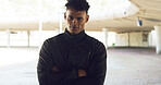 Portrait, athlete and black man for fitness in city with pride, exercise and training break. Male person, relax and arms crossed for urban workout, sports challenge and marathon practice of wellness