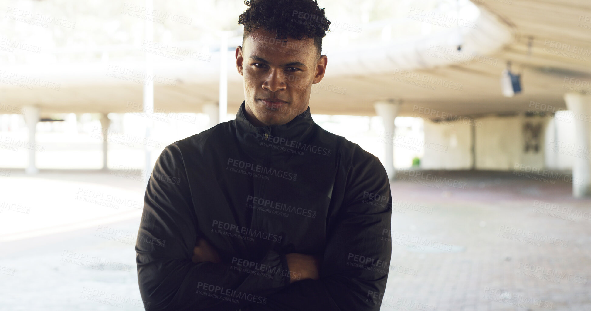 Buy stock photo Portrait, athlete and black man for fitness in city with pride, exercise and training break. Male person, relax and arms crossed for urban workout, sports challenge and marathon practice of wellness