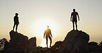 Hiking, sunset and people with nature, fitness and hobby with wellness, mountains and ocean. Outdoor, view and hikers with challenge, endurance and exercise with health, seaside and travelling