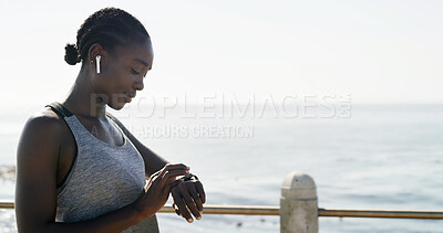 Buy stock photo Fitness, people and running at beach promenade for burning calories, endurance or exercise routine. Cardio team, above and jogging at ocean for pace training, sports performance and workout challenge