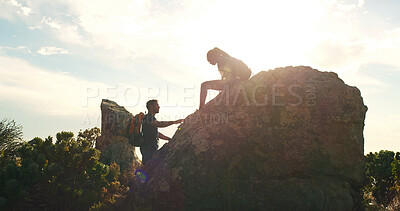 Buy stock photo Cliff, hiking and support with couple in nature for trekking, adventure and summer vacation. Explore, backpacking and mountain summit with people outdoor for sunrise, freedom and tourism space