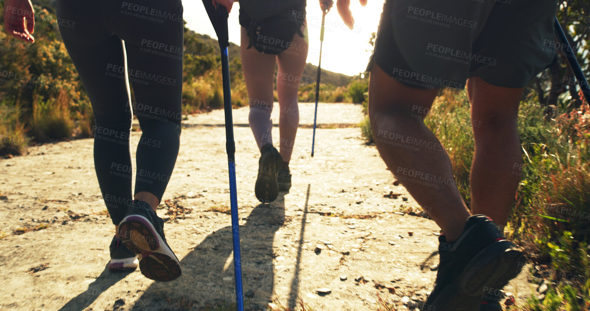 Buy stock photo People, legs and hiking with stick on walking path, trail or outdoor expedition in nature. Back view, hikers or group of friends with backpack on mountain for trekking journey, adventure or exercise