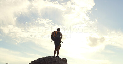 Buy stock photo Hiking, sky and back of man on mountain thinking for adventure, trekking and backpacking. Space, outdoor and person in nature for wellness, workout and exercise on journey, freedom and fitness hobby
