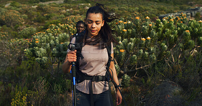 Buy stock photo Hiking, journey and walking with woman in nature for adventure, hobby or wilderness trekking. Backpacking, travel and wellness with hiker people outdoor in green environment for exercise or fitness