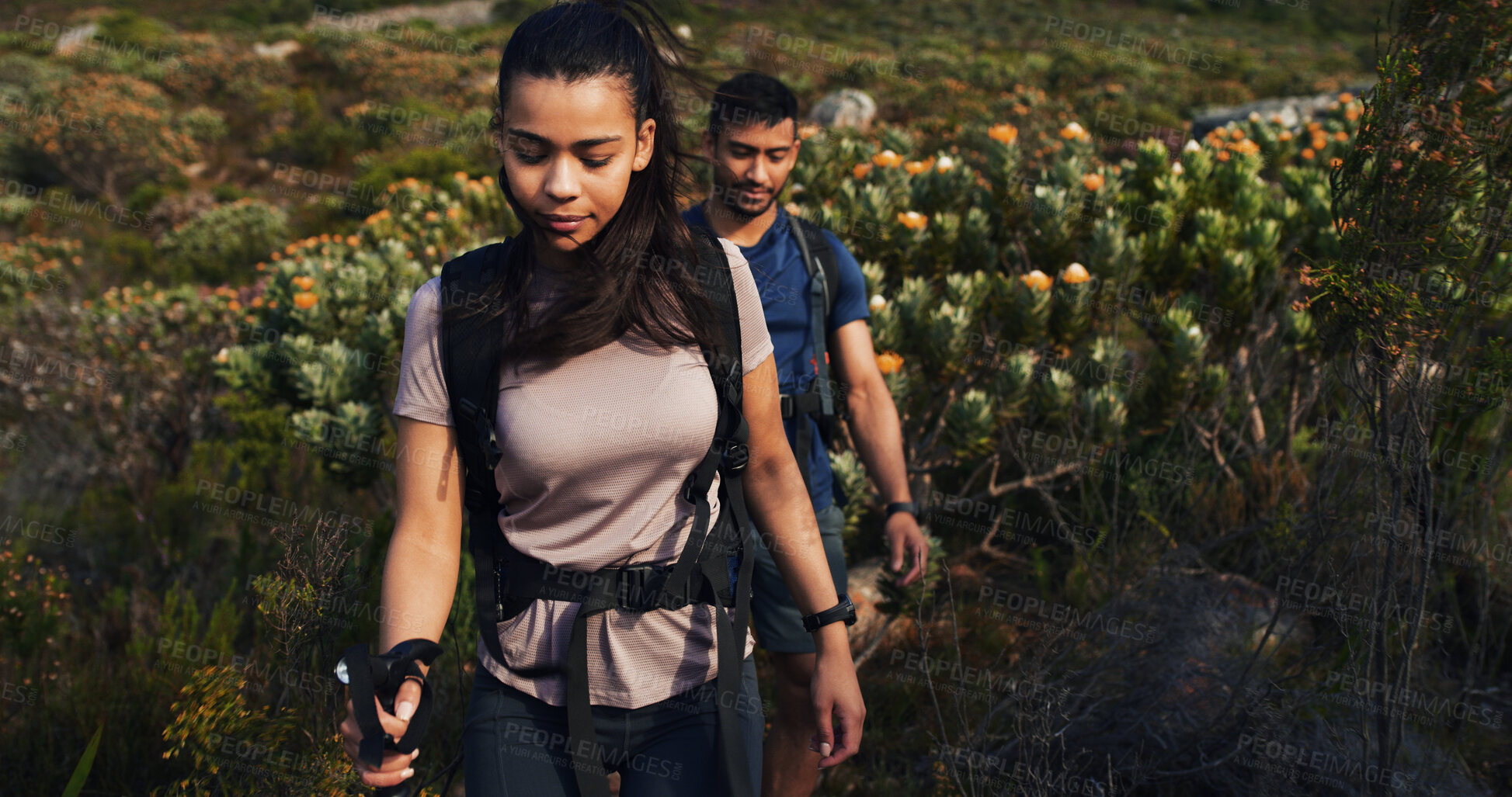 Buy stock photo Friends, fitness and walking on mountain for countryside, travel or adventure to explore nature. Outdoor, people and journey with natural environment for hiker, trail hobby and bonding together