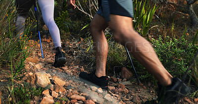 Buy stock photo Trail, legs or couple in nature for trekking journey, outdoor adventure or walk together. Group, footwear or shoes of hikers in forest for travel, vacation or hobby for tourism discovery with people