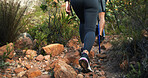Walk, legs or person on trail for hiking journey, outdoor adventure or trekking together. Back, footwear or shoes of hikers in forest for travel, vacation or hobby for tourism discovery with group