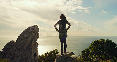 Buy stock photo Woman, back and hiking with mountain view, sky and sightseeing with thinking for reflection at sea. Person, perspective and insight in summer with inspiration, trekking or tourist adventure in Spain