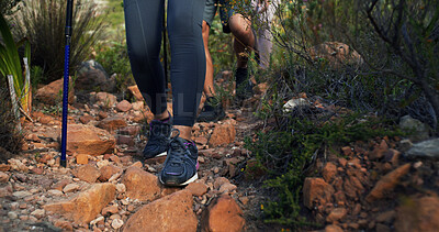 Buy stock photo Friends, legs and walking on mountain for countryside, travel or adventure to explore nature. Relax, group of people and journey with natural environment for hiker, hobby and bonding together