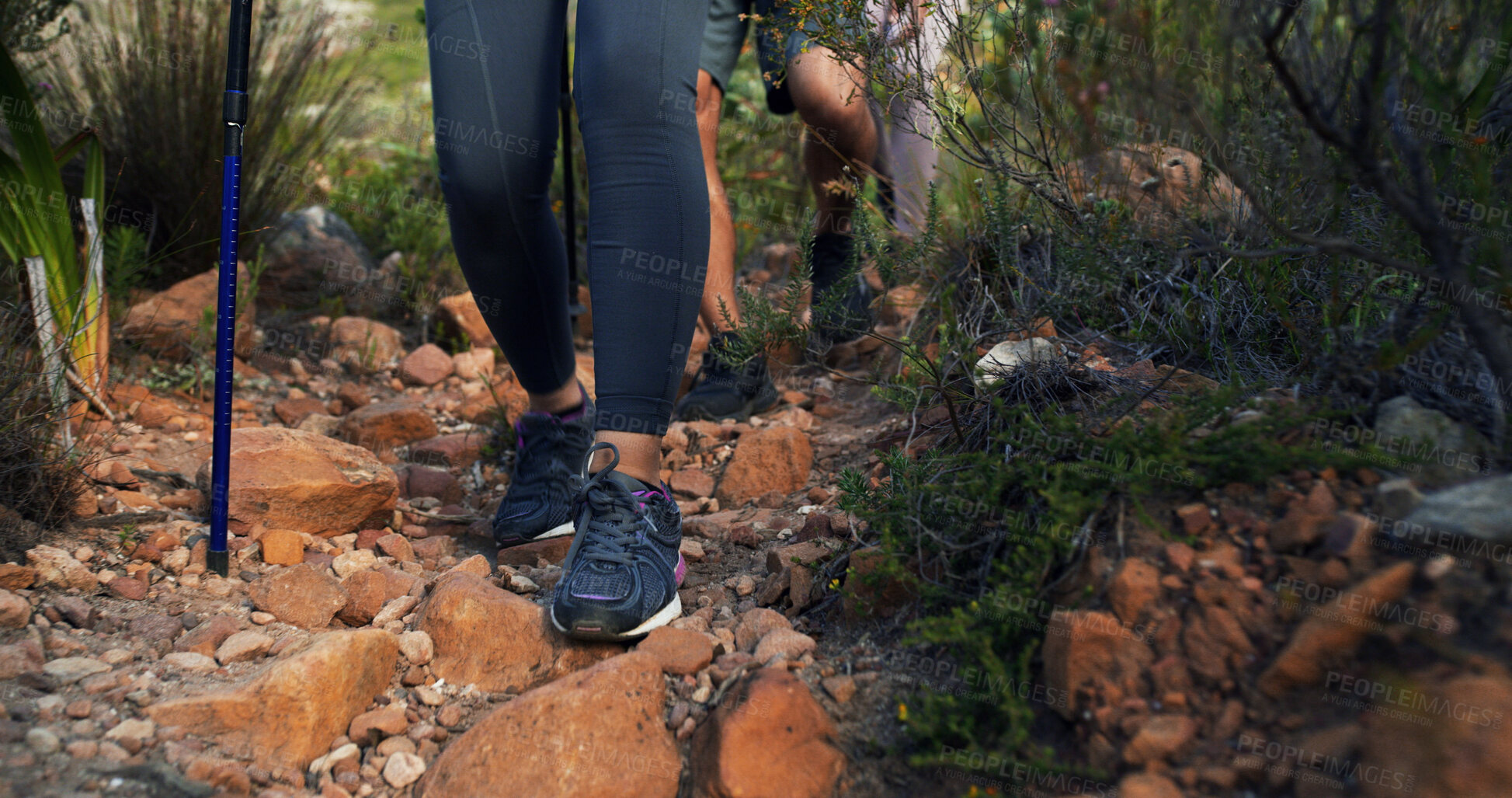 Buy stock photo Friends, legs and walking on mountain for countryside, travel or adventure to explore nature. Relax, group of people and journey with natural environment for hiker, hobby and bonding together