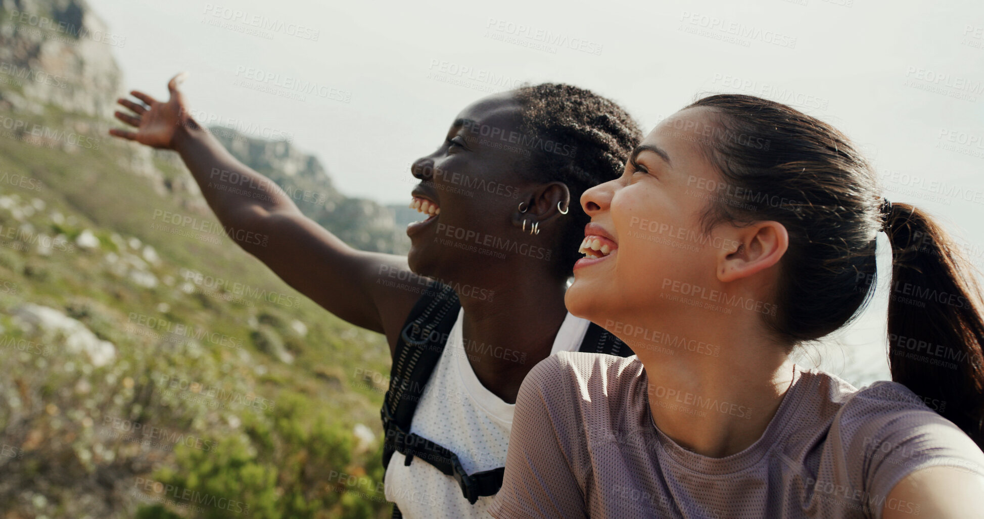 Buy stock photo Women, friends and selfie with hiking, mountains and show location on live stream with smile in nature. Girl, happy and photography with landmark, point and outdoor with social media for tourism