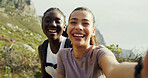 Women, friends and selfie for hiking, smile and portrait on mountain, live stream or excited in nature. Girl, happy and photography for memory, profile picture or outdoor on social media for trekking