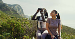 Smile, women and friends with binocular for hiking, nature sightseeing and mountain view. Happy, people and relax for travel, backpacking adventure and birdwatching observation with wildlife search 