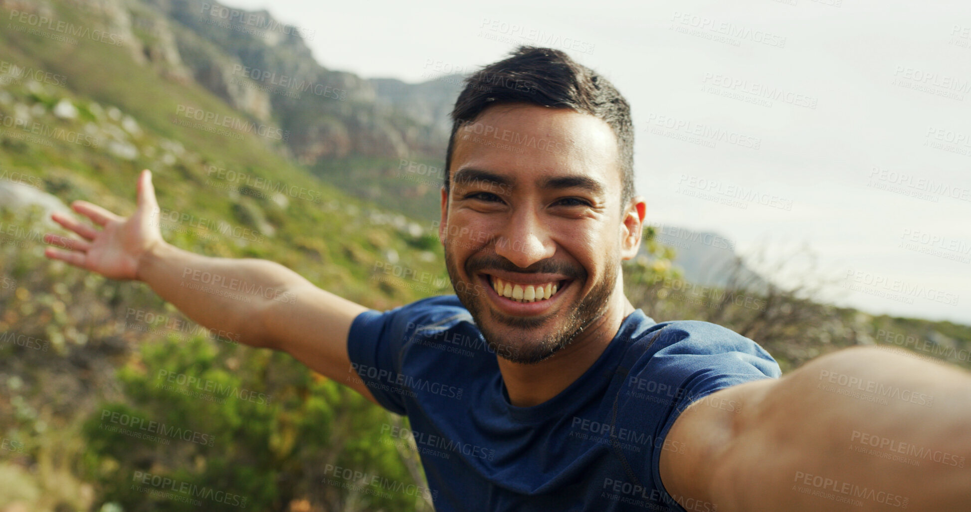 Buy stock photo Selfie, hiking and happy man in nature for vacation, POV and travel influencer show mountain. Asian person, portrait and profile picture for trekking, adventure and photo for social media in Cambodia