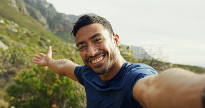 Buy stock photo Selfie, hiking and happy man in nature for holiday, POV and travel influencer show mountain. Asian person, portrait and profile picture for trekking, adventure and photo for social media in Cambodia
