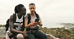 Girl, friends and hiking with phone for direction, talk or search with digital map on trail. Women, discussion and smartphone for route, trekking and app for adventure, location or landmark in summer