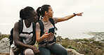 Girl, friends and hiking with phone on mountain, talk or point with digital map on trail. Women, discussion and smartphone for route, trekking and app for adventure, location or landmark in summer