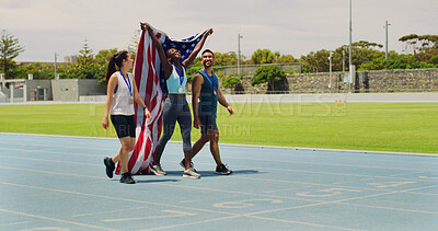 Buy stock photo Woman, winner and USA flag on track for competition, excited or success with goal at global sports event. Girl, athlete and champion with national pride, people and contest at stadium in summer