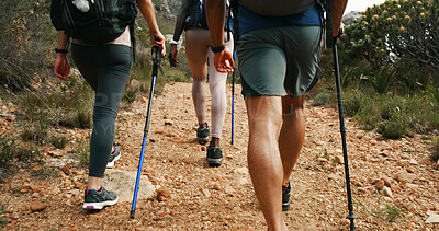 Buy stock photo Friends, legs and group on mountain for countryside, travel or adventure to explore nature. Fitness, people and journey with natural environment for hiker, exercise hobby and bonding together