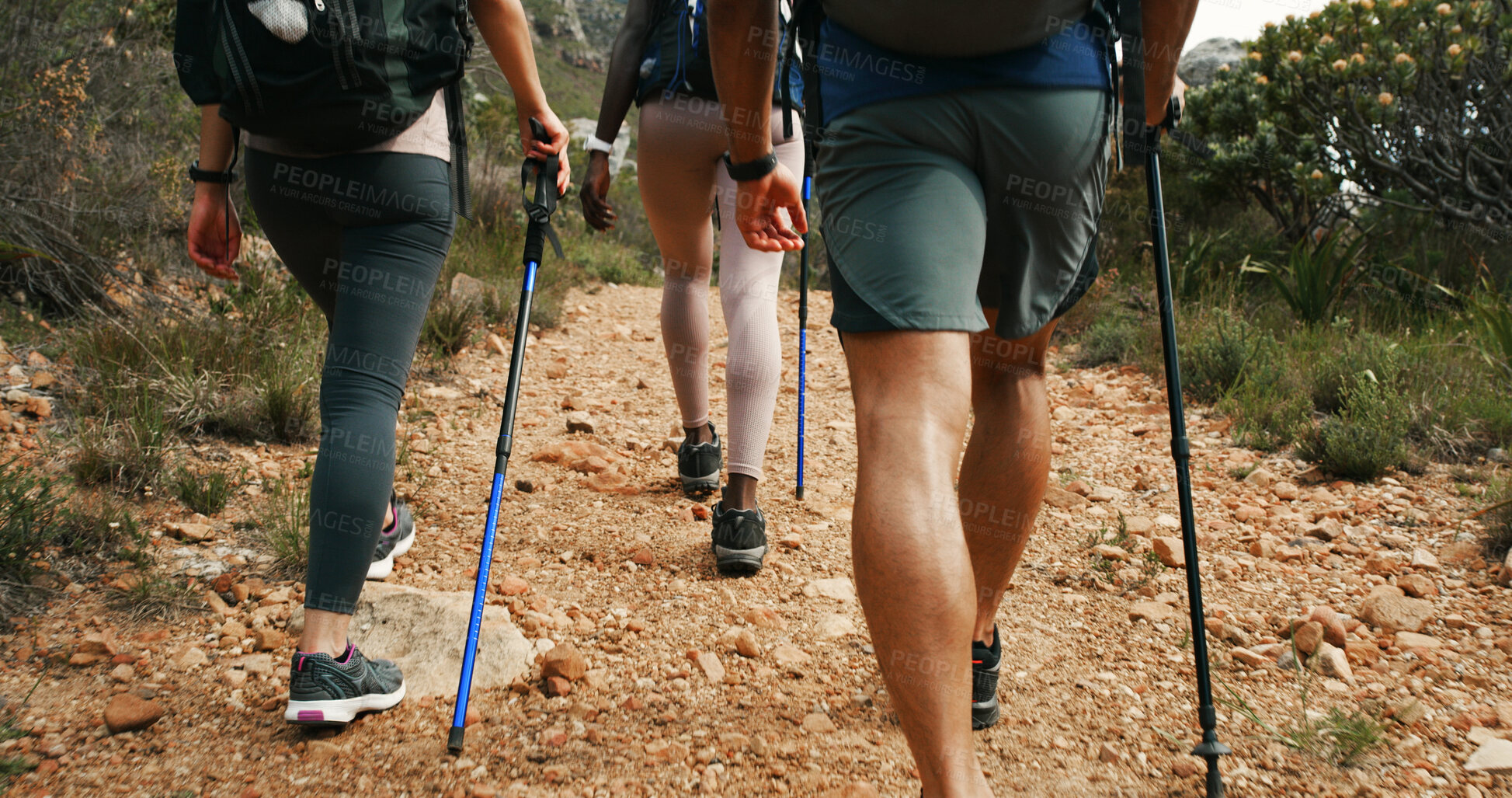 Buy stock photo Friends, legs and group on mountain for countryside, travel or adventure to explore nature. Fitness, people and journey with natural environment for hiker, exercise hobby and bonding together
