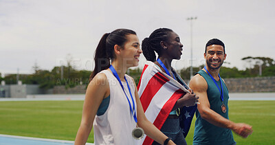 Buy stock photo Group, athlete and USA flag on track, women and man with celebration, medal and success at competition. People, team and national pride for goals, achievement and talk for win at global sports event