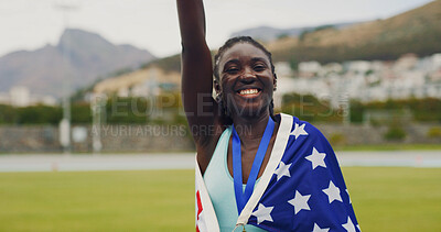 Buy stock photo Athlete, girl and medal with USA flag, celebration or portrait for success with goal at global event. Black woman, runner and champion with national pride, smile or sport contest at stadium in summer