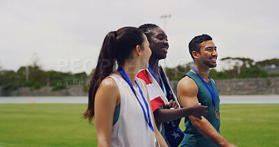 Buy stock photo Team, runner and USA flag on track, women and man with celebration, medal and success at competition. People, athlete and national pride for goals, achievement and talk for win at global sports event