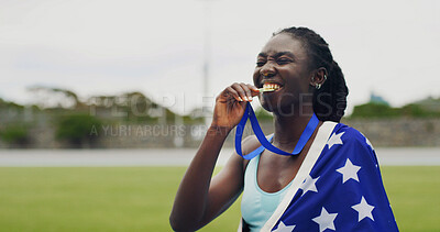 Buy stock photo Runner, black woman and medal with USA flag, bite or excited for success with victory at global competition. Girl, athlete and champion with national pride, achievement or sport contest at stadium