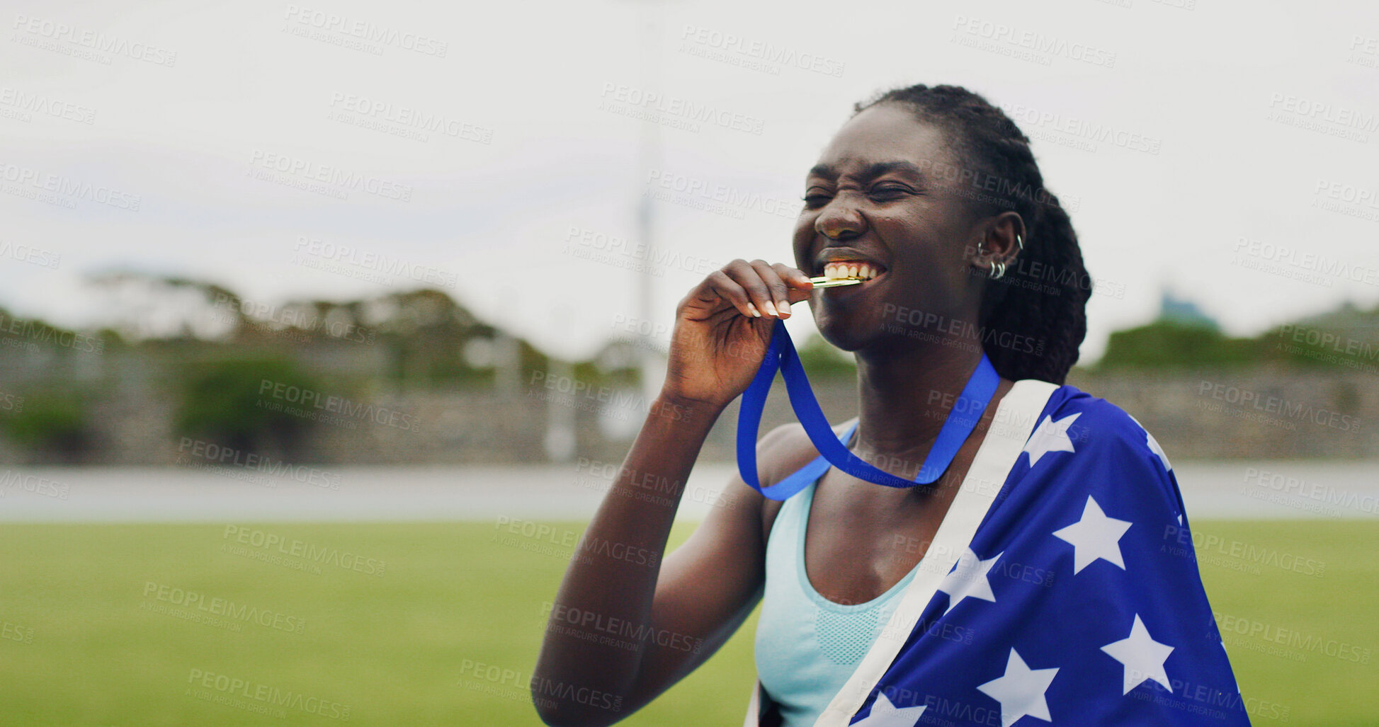 Buy stock photo Runner, black woman and medal with USA flag, bite or excited for success with victory at global competition. Girl, athlete and champion with national pride, achievement or sport contest at stadium