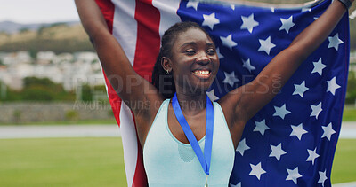 Buy stock photo Woman, athlete or happy with USA flag, celebration or excited for success with goals at global event. Girl, runner and champion with national pride, memory and sports contest at stadium for challenge