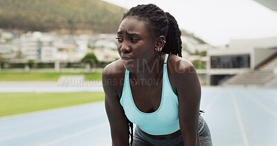Buy stock photo Fitness, tired and thinking with black woman in stadium for workout fatigue, marathon endurance and sports. Exhausted, cardio challenge and training with person on race track for vision and athlete