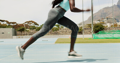 Buy stock photo Woman, race and running with legs on stadium track for speed, motion or sprint. Female person, athlete or runner with blur or start for sport marathon, outdoor competition or endurance training