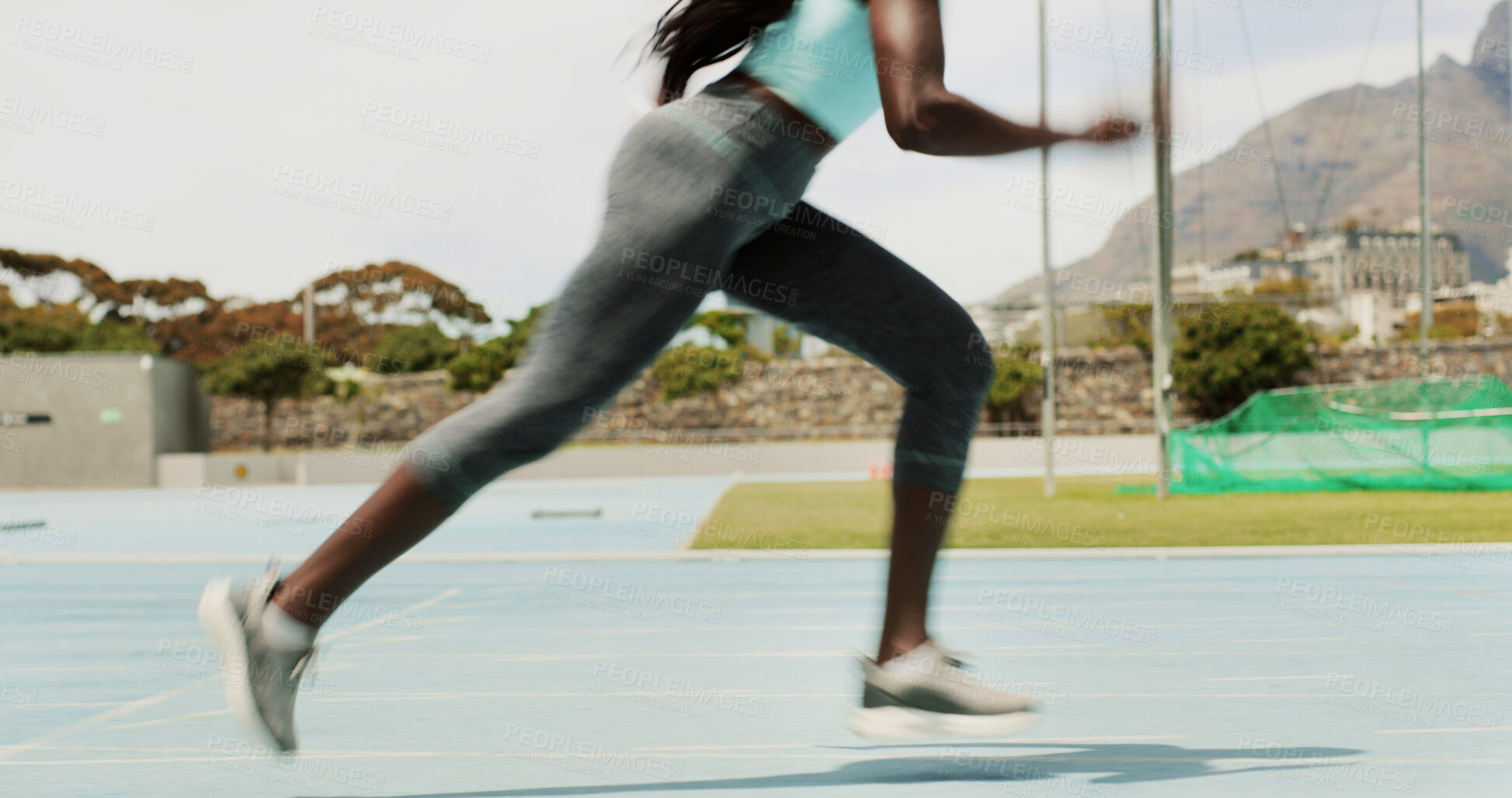 Buy stock photo Woman, race and running with legs on stadium track for speed, motion or sprint. Female person, athlete or runner with blur or start for sport marathon, outdoor competition or endurance training