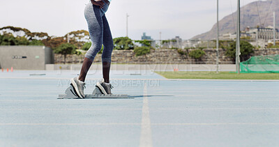 Buy stock photo Running, start and legs of woman on race track for fitness, competition practice and workout. Begin, marathon challenge and sports athlete with person in stadium for exercise, training and cardio
