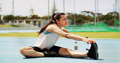 Buy stock photo Fitness, woman and stretching legs at stadium for health, wellness or exercise preparation outdoor. Sports, athlete and runner warm up muscle on race track to start practice, training or flexibility