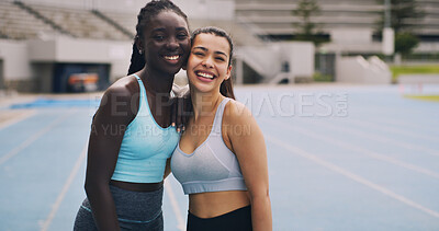 Buy stock photo Runner, smile and portrait with friends in stadium for workout, marathon endurance and sports. Team, cardio challenge and training with women on race track for exercise, competition and athlete