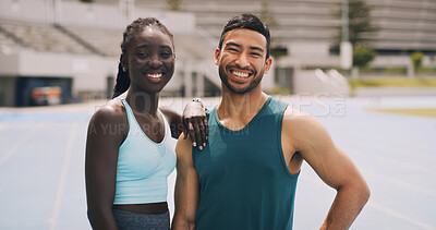 Buy stock photo Friends, portrait and people in stadium for fitness, summer marathon and endurance. Man, woman and smile for teamwork, collaboration and outdoor for wellness and exercise on running track together