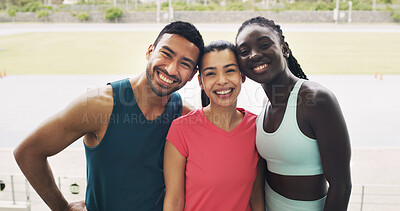 Buy stock photo Friends, portrait and runners in stadium for fitness, summer marathon and endurance. Man, women and hug for teamwork, collaboration and outdoor for wellness and exercise on running track together
