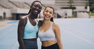 Buy stock photo Runner, team and portrait with friends in stadium for workout, marathon endurance and sports. Smile, cardio challenge and training with women on race track for exercise, competition and athlete