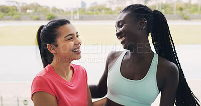 Buy stock photo Conversation, fitness and hug with women in stadium for sports competition or tournament. Exercise, health and wellness with happy athlete friends embracing in venue for running, training or workout
