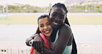 Athlete, smile and portrait in stadium for fitness, summer marathon and endurance. Women, friends and hug for teamwork, collaboration and outdoor for wellness and exercise on running track together