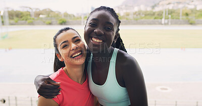 Buy stock photo Friends, laugh and portrait in stadium for fitness, marathon and sport field. Women, athlete and hug for teamwork, collaboration and outdoor for wellness and exercise on running track together
