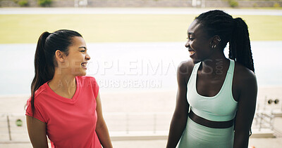 Buy stock photo Conversation, fitness and smile with women in stadium for sports competition or tournament. Exercise, health and wellness with athlete friends in venue together for running, training or workout