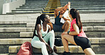 Stadium, friends and smile with high five for fitness, achievement and running break. Outdoor, athlete people and celebration for marathon, training and exercise goals for workout rest on stairs