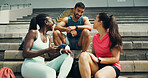 Runner, phone and relax with friends in stadium for training schedule, team and sports stats. Fitness app, competition, lap times and exercise guide with people on race track for tracking progress