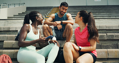 Buy stock photo Runner, phone and relax with friends in stadium for training schedule, team and sports stats. Fitness app, competition, lap times and exercise guide with people on race track for tracking progress